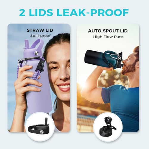 32 40/64/128 oz Flask Water Bottles Insulated - with Straw Auto Spout Lid, Water Bottle Stainless Steel Keep Cold 48H Hot 24H, Metal Water Bottle with Strap, Paracord Handle, Protective Boot (32 Count)