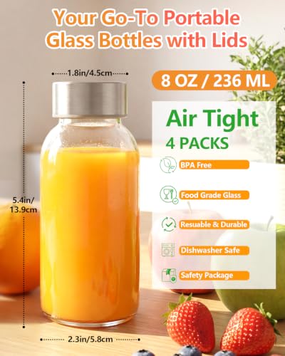8 oz Small Glass Juice Bottles with Stainless Steel Lids Leak Proof (4 Count)