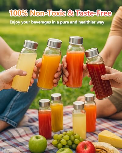 10.5 oz Glass Juice Bottles with Stainless Steel Gold Lid Leak Proof (8 Count)