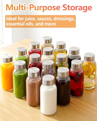 8 oz Small Glass Juice Bottles with Stainless Steel Lids Leak Proof (16 Count)