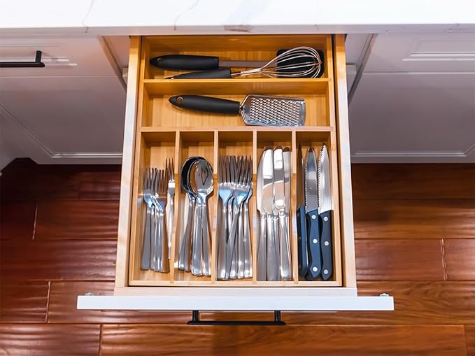 Umilife Bamboo Kitchen Drawer Organizer, 13 Inch Silverware Utensil Tray Holder, Extra Deep Grooved Drawer Divider, 7 Slots Total Bamboo Wood Caddy for Flatware Cutlery Knives, Forks, Spoons