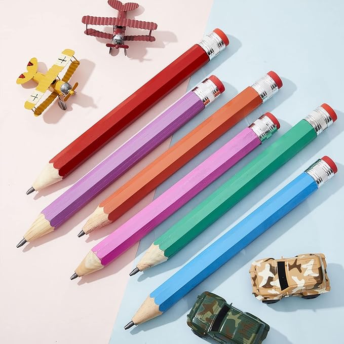 Lewtemi 24 Pcs Wooden Jumbo Pencils 14 Inch Funny Big Large Novelty Pencil Wood Cool Giant Pencil for Kids Home School Office Halloween Christmas Party Prop Gift Decor Toy, 6 Colors