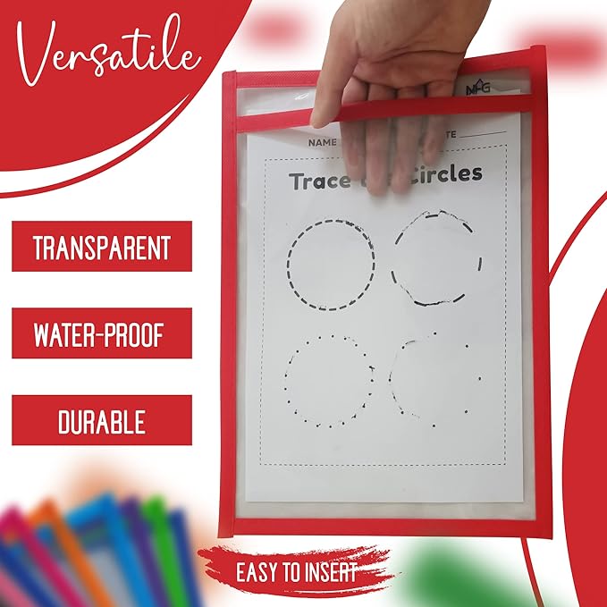 30 Packs Oversized Dry Erase Pockets Sleeves - 10 Assorted Colors with 2 Binder Rings - Dry Erase Sheets Reusable - 10x14 Ticket Holders - Clear Plastic Sheet Protectors for Classroom Teacher Supplies
