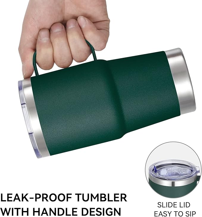 VEGOND 20 oz Tumbler Bulk with Handle Lid and Straw, Stainless Steel Insulated Travel Coffee Mug Set, Spill Proof Double Wall Metal Tumblers Cups, Dark Green 12 Pack