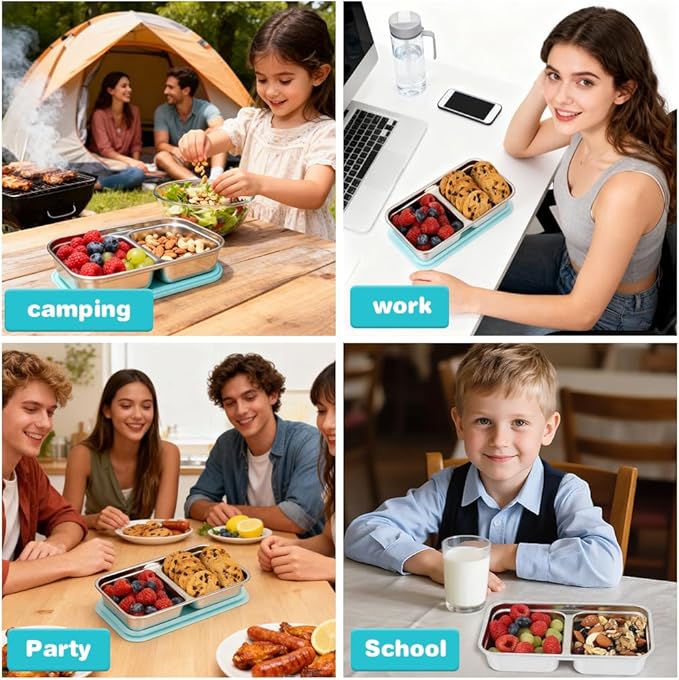 YQL 2 Pack Stainless Steel Food Containers with Lids, Double & Single Compartment Snack Boxes for Kids, Leakproof Reusable Bento Box for Lunch Prep, Travel, School, Camping