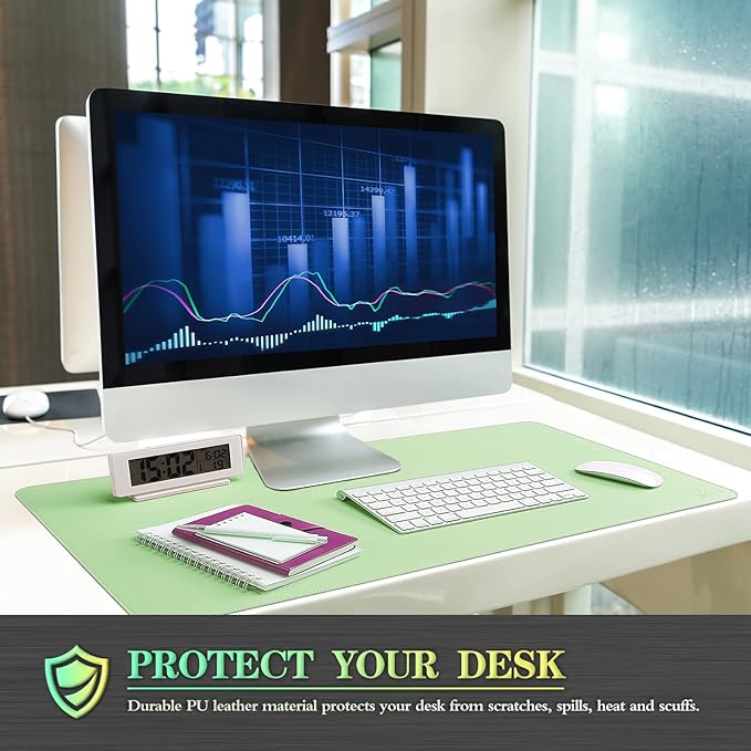 K KNODEL Desk Mat, Blotter, Dual-Sided Office Desk Pad, Waterproof Desk Mat for Desktop, Desk Blotters, PVC Leather Pad Protector (Sharp Green, 23.6" x 13.8")