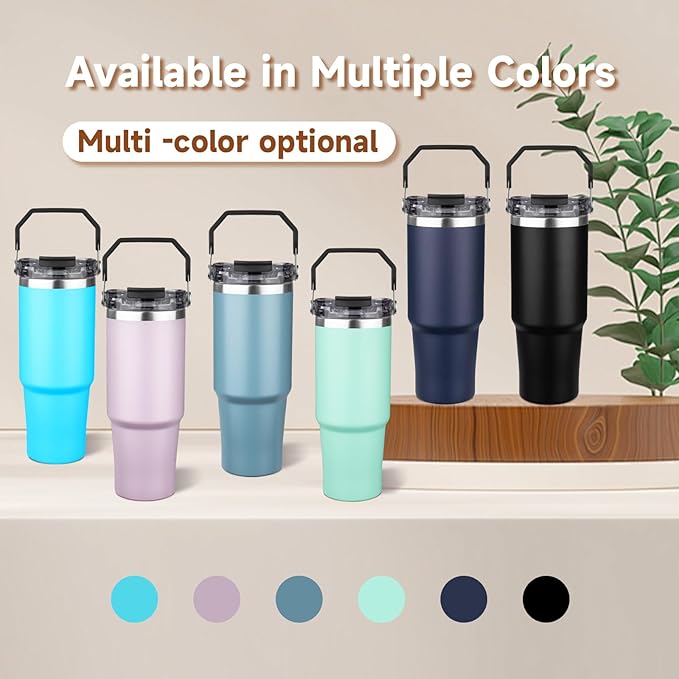 30oz Tumbler with Handle and Flip Straw Lid Double Wall Insulated Travel Coffee Mug Stainless Steel Vacuum Insulated Coffee Tumbler Cup for Hot and Cold Beverages,Leak-proof&BPA-free (30oz,Purple)