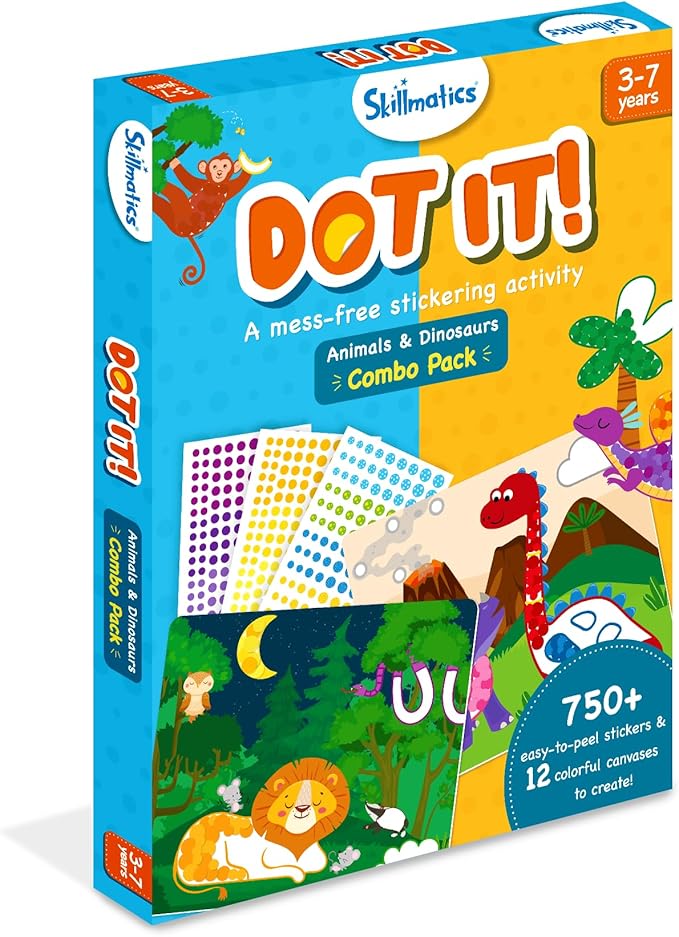 Skillmatics Dot It Sticker Art - Animals & Dinosaurs Combo, Mess-Free Fun for Kids, 750+ Stickers, Craft Kits, DIY Scrapbooking Activity, Travel Toys, Gifts for Ages 3, 4, 5, 6, 7
