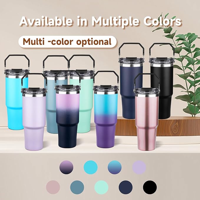 30oz Tumbler with Handle and Flip Straw Lid Double Wall Insulated Travel Coffee Mug Stainless Steel Vacuum Insulated Coffee Tumbler Cup for Hot and Cold Beverages,Leak-proof&BPA-free(30oz,Blue Purple)