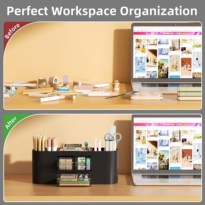 Marbrasse Desk Organizer Pen Holder with 3 Drawers, Multi-Functional Pencil Holder,Desk Organizers and Accessories with 7 Compartments for Home, School, Classroom (Black)