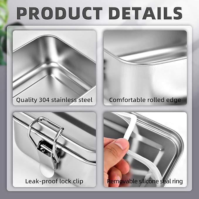 4 PCS Stainless Steel Bento Box 850ml, Metal Lunch Box Food Containers, Steel Lunch Container for Home, Work, Camping