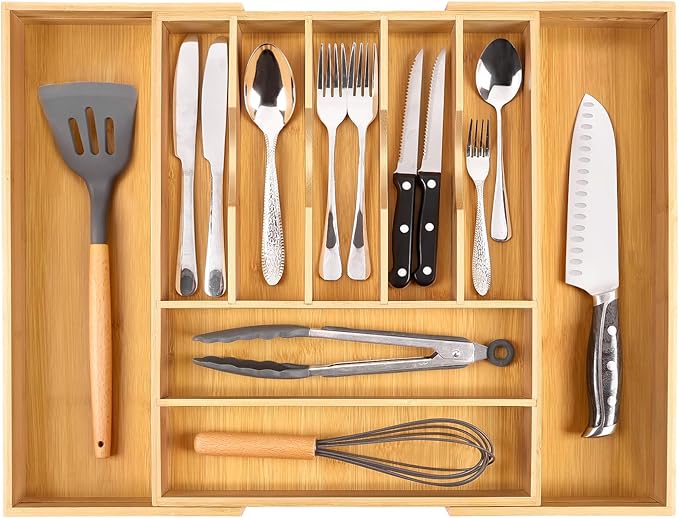 Bellsal Large Premium Bamboo Silverware Organizer - Expandable Utensil Drawer Organizer - 17"x19.6" Utensil Holder and Cutlery Tray with Grooved for Kitchen Flatware and Utensils Mother's Day Gift