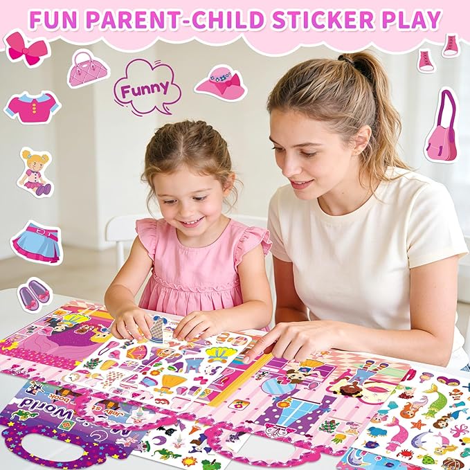 6 Sets Reusable Sticker Book for Girls 3-6, Jelly Sticker Books for Toddler, Travel Sticker Activity Toys for Kids 3 4 5 6 Years Old Girls (Girl Theme)