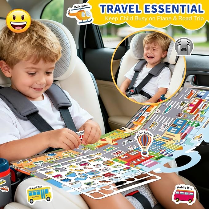 3 Sets of Reusable Jelly Stickers Books - Perfect for 3-6 Year Olds Jelly Stickers Books - Airplane and Car Travel Toys Educational Gifts for Boys and Girls(Beach+Supermarket+Party)