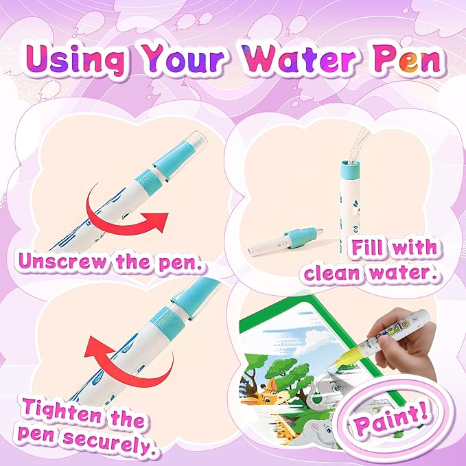 6 Sets in 1, Reusable Water Coloring Books for Toddlers 1-3 with 110+ Stickers & No-Mess Pen, Water Coloring Books for Toddlers 1-3, Magic Paintless Painting Book for Toddler, Paintless Painting Book