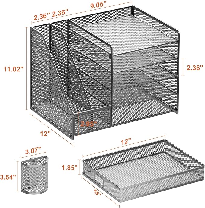 Marbrasse 5-Tier Paper Letter Tray Organizer with Drawer and Pen Holder, Mesh Desktop Organizer and Storage with Magazine Holder for Office Supplies (Grey)
