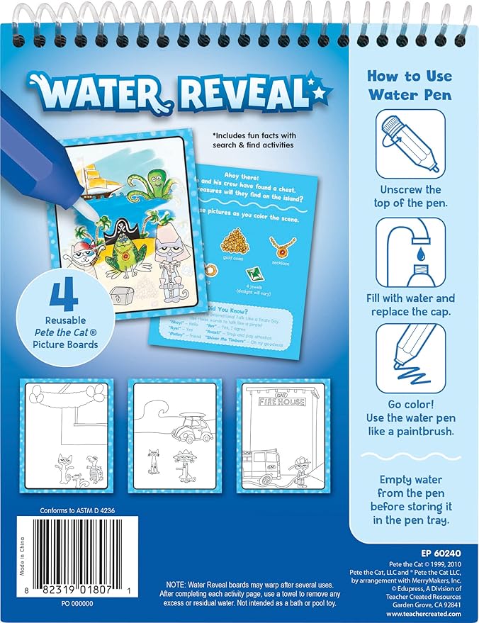 Teacher Created Resources Pete The Cat Reusable Sticker Pad and Water Reveal Activity Book Set for Kids