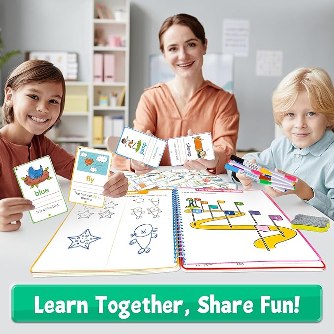 Preschool Learning Activities - 60 Reusable Cards, Pre-K Kindergarten Workbook, Autism Supplies Montessori Educational Game, Sight Words & Handwriting Practice Book for Kids Ages 3 4 5 6