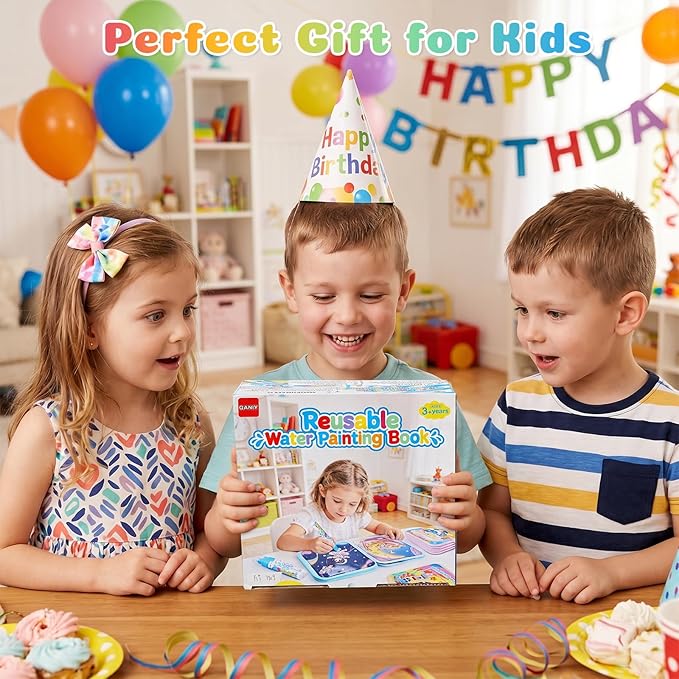 QANIY Reusable Water Painting Book, 4 Pack Magic Water Coloring Books with 4 Water Pens for Toddlers,Mess-Free Coloring Book with 4 Different themes,Travel Activity Toys, Gift for Boys & Girls Ages 3+