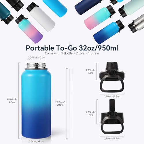 32 oz Insulated Water Bottle with 2 Lids
