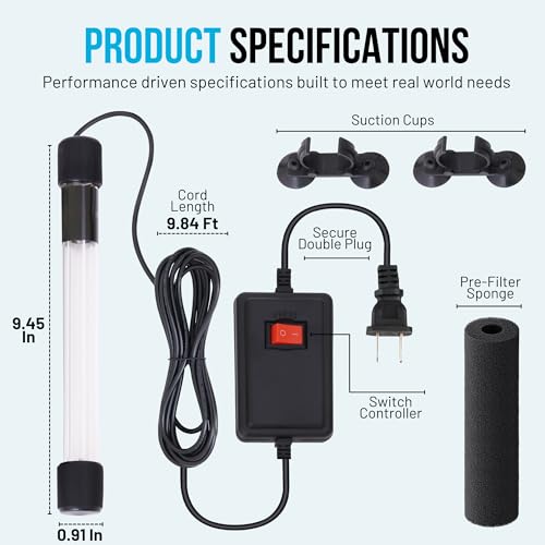 13W UV Water Sterilizer with 9.84 ft Cable for up to 300 Gallon Aquariums