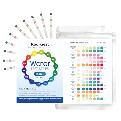 16-in-1 Drinking Water Test Strips, 50 PCS - Home Testing Kit for Tap & Well Water | Lead, Nitrate, Chlorine, Iron, Manganese, pH, Hardness, Mercury, Fluoride Detection (50 Count)
