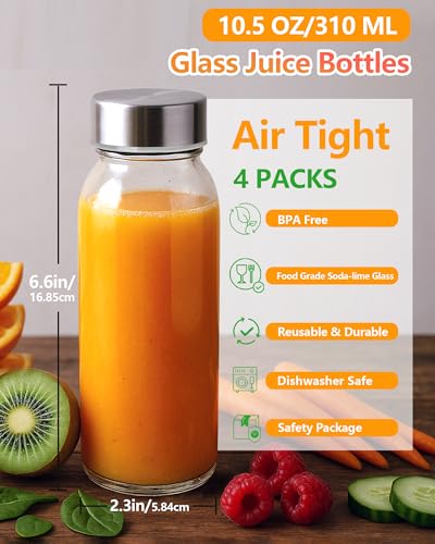 10.5 oz Glass Juice Bottles with Stainless Steel Lids (4 Count)