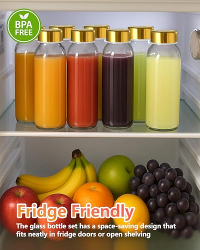 10.5 oz Glass Juice Bottles with Stainless Steel Gold Lid Leak Proof (8 Count)