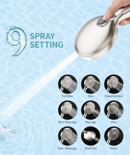 Filtered Shower Head with Handheld High Pressure 9 Spray Mode Showerhead Detachable Shower Head Water Softener Filters Beads for Hard Water Remove Chlorine 4 Filters Brushed Nickel