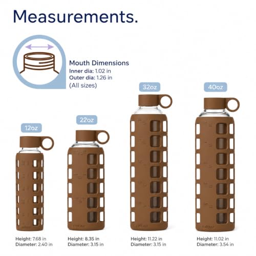 40oz / 32oz / 22oz / 12oz Borosilicate Glass Water Bottle with Time & Volume Markers, Silicone Sleeve, Stainless Steel Lid – Reusable Glass Bottle for Water & Juice (32oz Earth Brown)