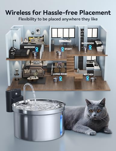 Wireless Cat Water Fountain Stainless Steel [Water & Battery Separation] FEELNEEDY Smart Pet Water Fountain