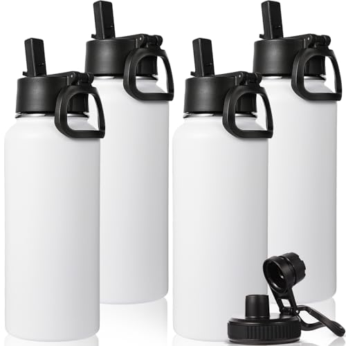 32 oz Insulated Water Bottles Bulk with 2 Lids (4 Count)