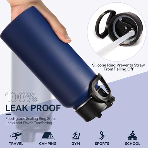 32 oz Insulated Water Bottles Bulk with 2 Lids (4 Count)