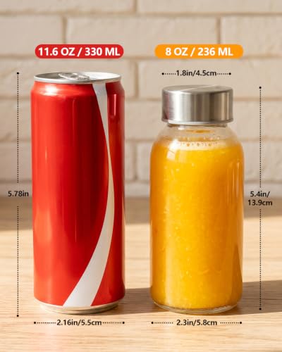 8 oz Small Glass Juice Bottles with Stainless Steel Lids Leak Proof (16 Count)