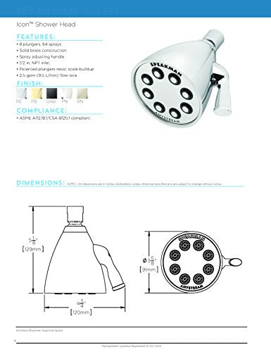 S-2251-PB Signature Icon Anystream High Pressure Adjustable Solid Brass Shower Head, Polished Brass
