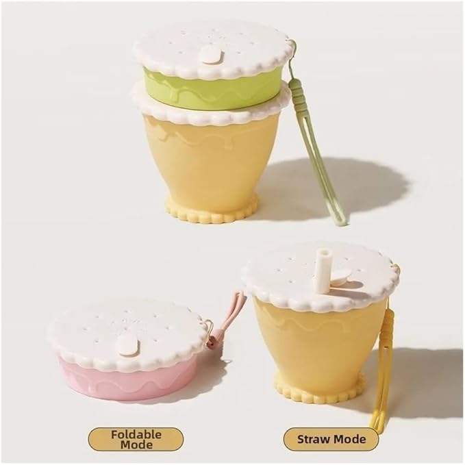 255ml Portable Silicone Foldable Coffee Cup, Scalable Mug for Travel, Kitchen and Outdoor Use(Yellow-with straw)