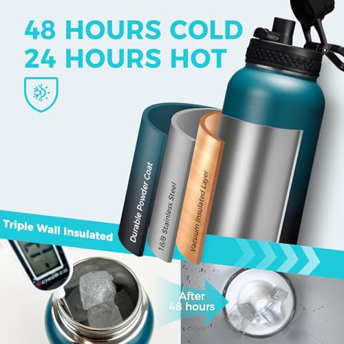 32 40/64/128 oz Flask Water Bottles Insulated - with Straw Auto Spout Lid, Water Bottle Stainless Steel Keep Cold 48H Hot 24H, Metal Water Bottle with Strap, Paracord Handle, Protective Boot (32 Count)