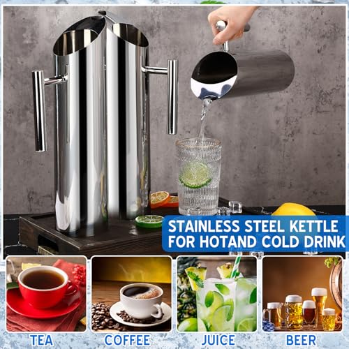 Stainless Steel Water Pitcher 70oz Modern Metal Pitcher with Ice Guard Silver Carafe Drink with Handle or Iced Hot Drink Tea Juice Coffee Beer