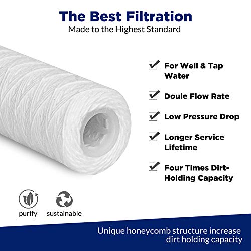 5 Micron 10"x2.5" String Wound Whole House Water Filter Replacement Cartridge Universal Sediment Filters for Well Water (6 Count)