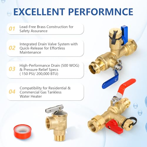 3 4 Inch GUOFIS IPS Tankless Water Heater Valve Kit with Pressure Relief Valve (10 Count)