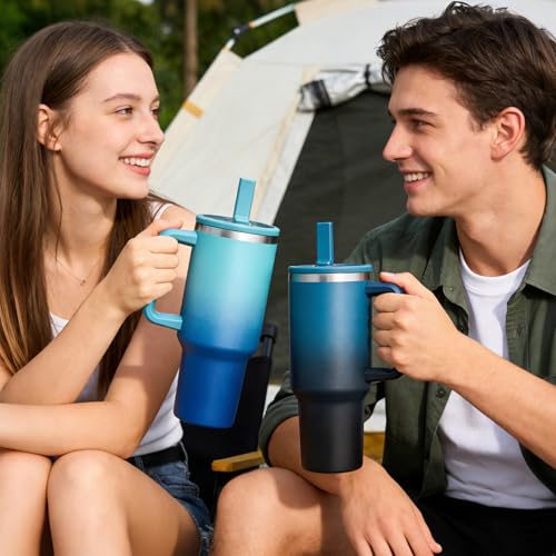 40 oz Insulated Travel Tumbler with Flip Straw Lid & Handle