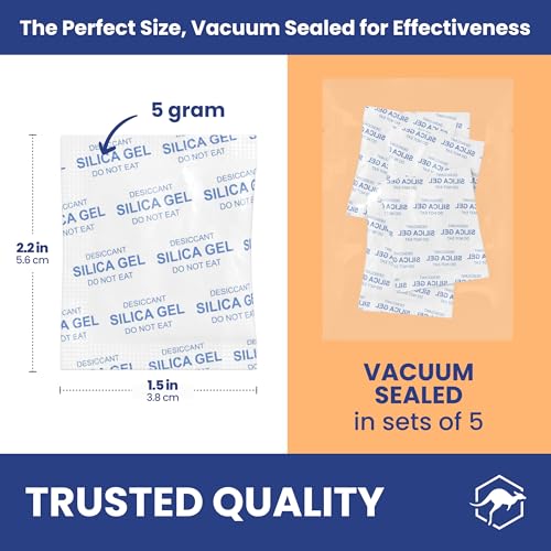 5 gram (1,000 Packets) Food Safe Pure White Silica Gel Desiccant Dehumidifier Packs - Rechargeable & Coated Moisture Absorbers - Protects Against Moisture Damage - (Packed in 200x Sets of 5) (1000 Count)