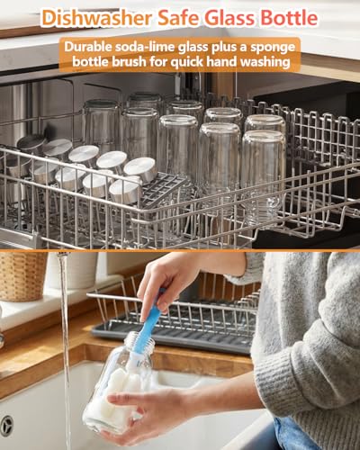 8 oz Small Glass Juice Bottles with Stainless Steel Lids Leak Proof (16 Count)