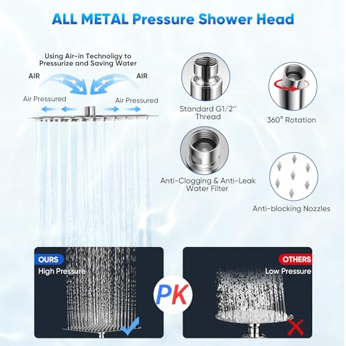 8 Inch Rain Shower Head with 16 Inch Extension Arm for Hard Water