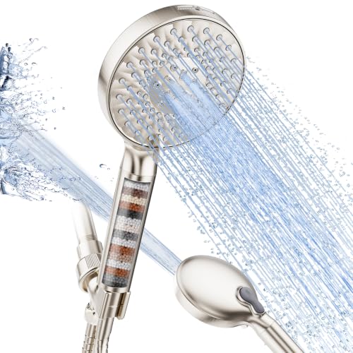 Filtered Shower Head with Handheld High Pressure 9 Spray Mode Showerhead Detachable Shower Head Water Softener Filters Beads for Hard Water Remove Chlorine 1 Filter Brushed Nickel