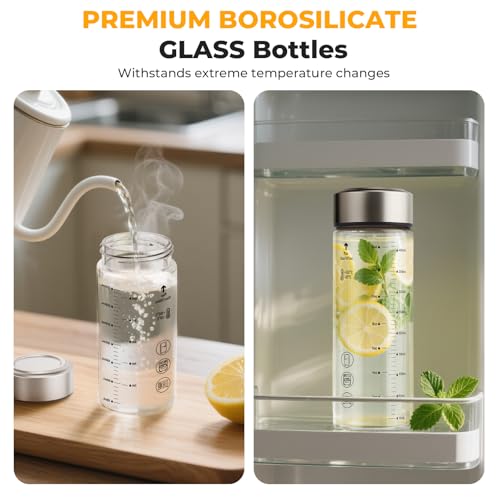 Wide Mouth Borosilicate Glass Juice Bottles 16oz 6 Pack with Lids
