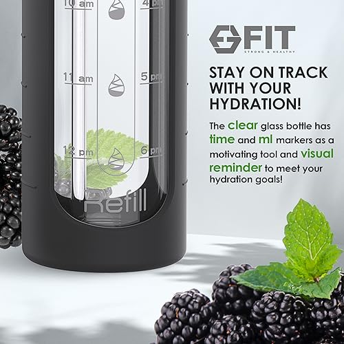 32 oz Glass Water Bottle with Time Marker Straw Lid Big Reusable Leakproof