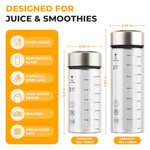 Wide Mouth Borosilicate Glass Juice Bottles 16oz 6 Pack with Lids