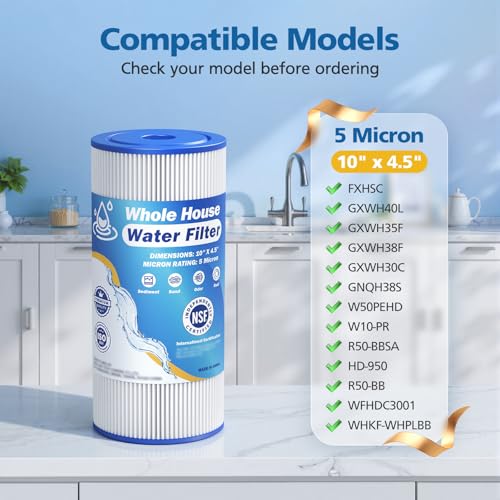 5 Micron 10" x 4.5" Whole House Water Filter Compatible with GE FXHSC (4 Count)