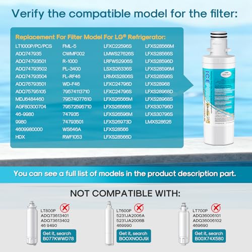 Alkaline LT1000PC Refrigerator Water Filter and Air Filter Replacement for LG LT1000P